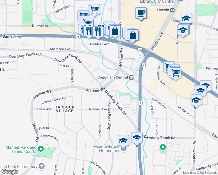 map of restaurants, bars, coffee shops, grocery stores, and more near 1106 Wallace Court in Coquitlam
