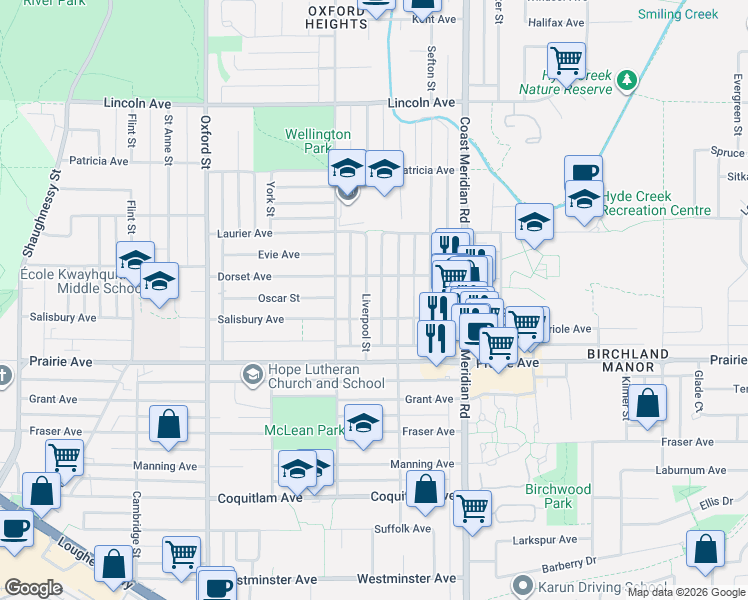 map of restaurants, bars, coffee shops, grocery stores, and more near 3356 Liverpool Street in Port Coquitlam
