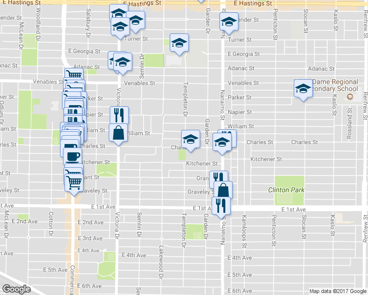 map of restaurants, bars, coffee shops, grocery stores, and more near 2150 Charles Street in Vancouver