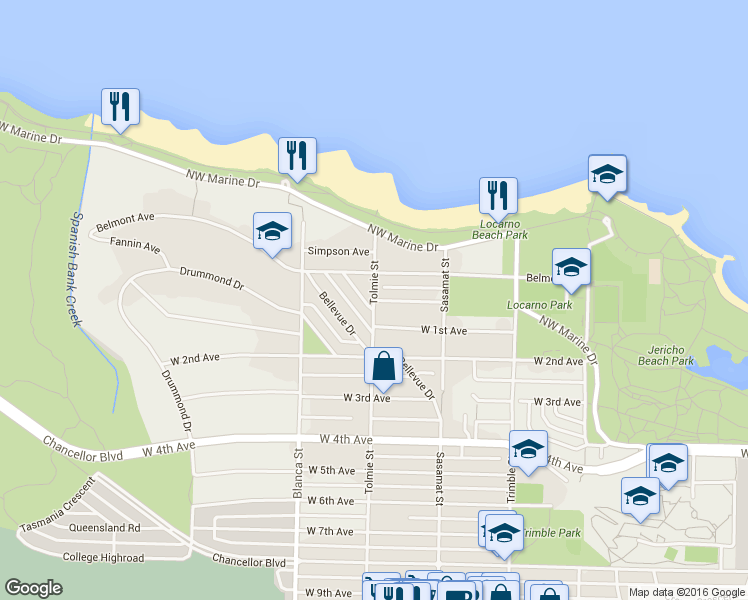 map of restaurants, bars, coffee shops, grocery stores, and more near 1508 Tolmie Street in Vancouver