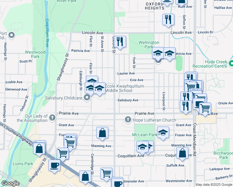 map of restaurants, bars, coffee shops, grocery stores, and more near 3346 Oxford Street in Port Coquitlam