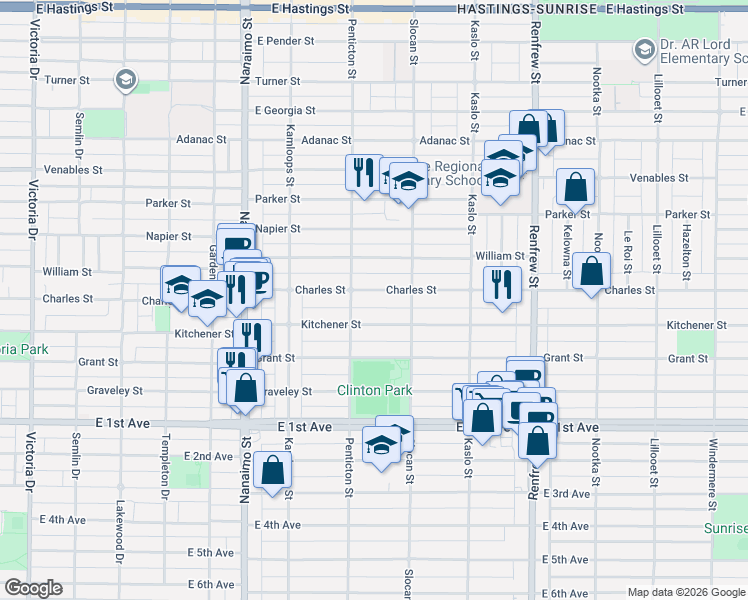 map of restaurants, bars, coffee shops, grocery stores, and more near 2638 Charles Street in Vancouver