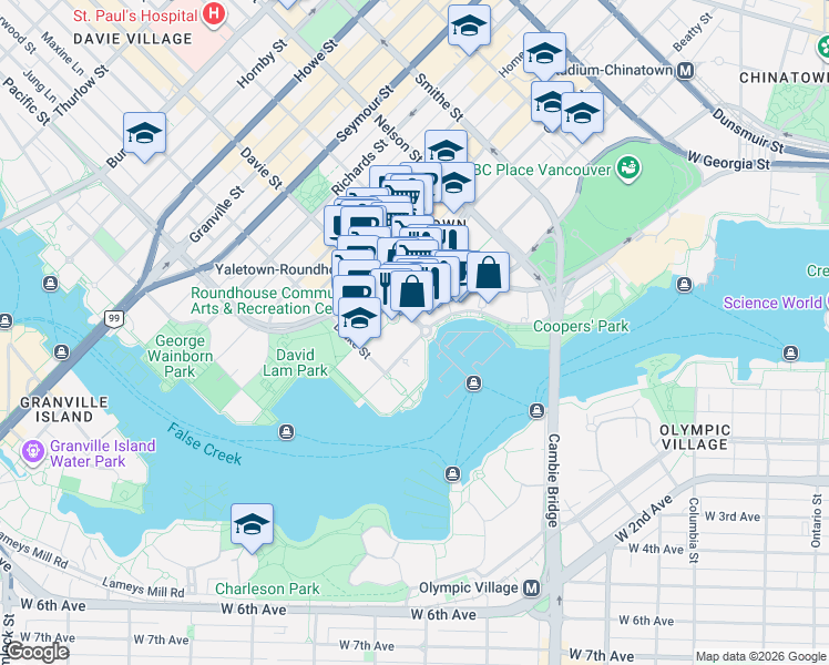 map of restaurants, bars, coffee shops, grocery stores, and more near 1201 Marinaside Crescent in Vancouver