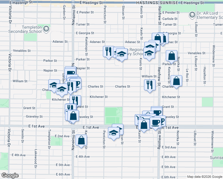 map of restaurants, bars, coffee shops, grocery stores, and more near 2638 Charles Street in Vancouver