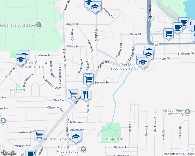 map of restaurants, bars, coffee shops, grocery stores, and more near 941 Clarke Road in Port Moody