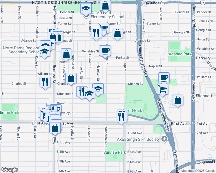 map of restaurants, bars, coffee shops, grocery stores, and more near 1326 Windermere Street in Vancouver