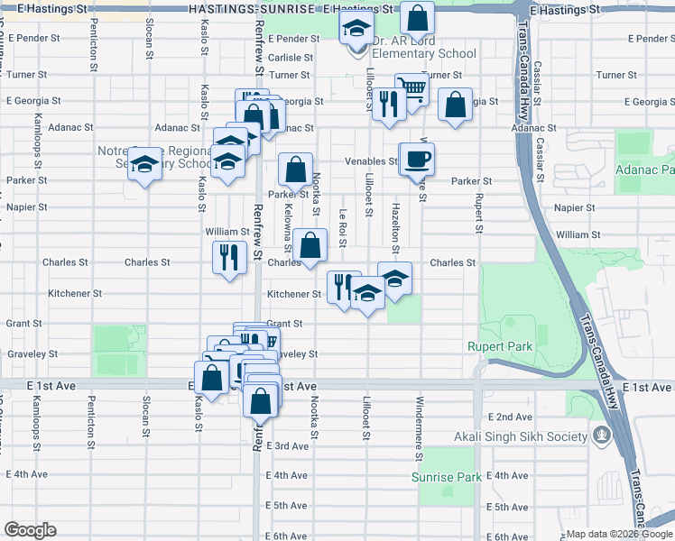 map of restaurants, bars, coffee shops, grocery stores, and more near 3038 Charles Street in Vancouver