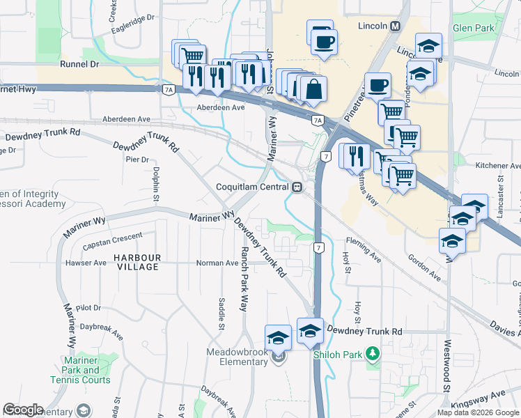 map of restaurants, bars, coffee shops, grocery stores, and more near 1117 Wallace Court in Coquitlam