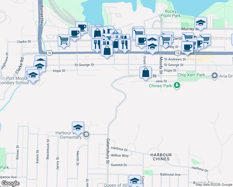 map of restaurants, bars, coffee shops, grocery stores, and more near 1050 Gatensbury Road in Port Moody