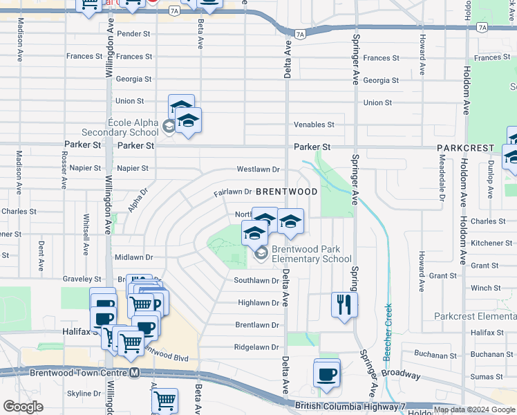 map of restaurants, bars, coffee shops, grocery stores, and more near 4825 Northlawn Drive in Burnaby