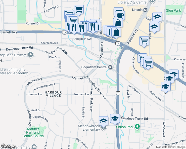 map of restaurants, bars, coffee shops, grocery stores, and more near 1110 Wallace Court in Coquitlam