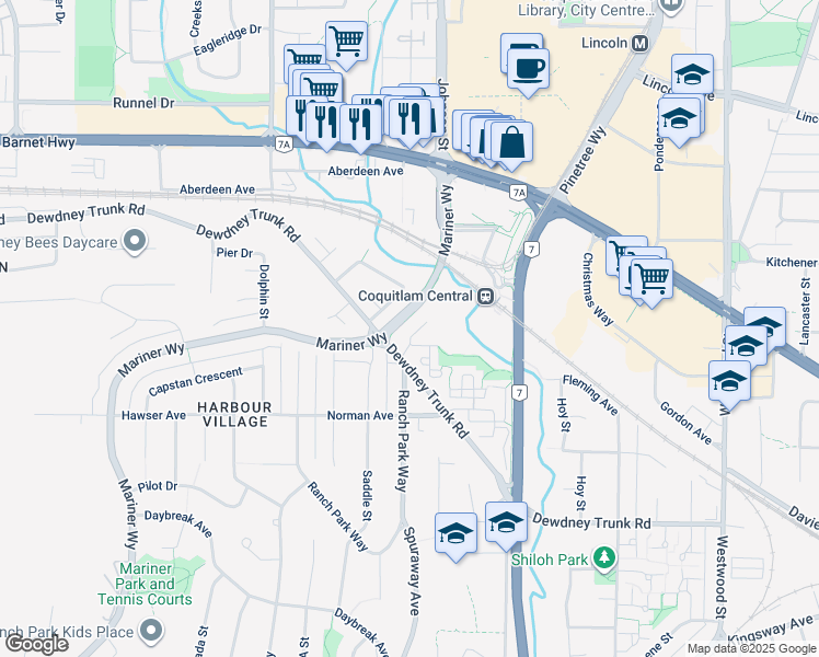 map of restaurants, bars, coffee shops, grocery stores, and more near 1110 Wallace Court in Coquitlam