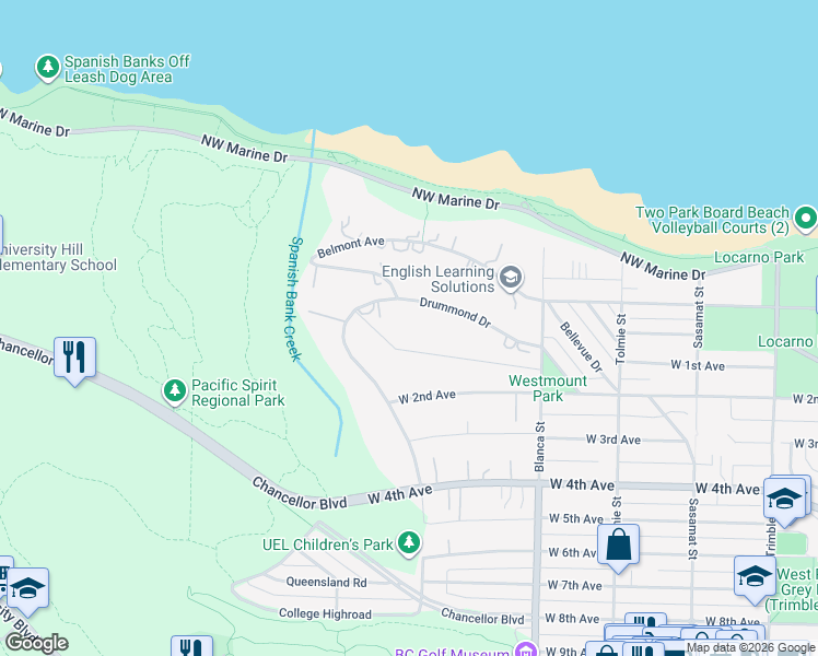 map of restaurants, bars, coffee shops, grocery stores, and more near 4786 Drummond Drive in Vancouver