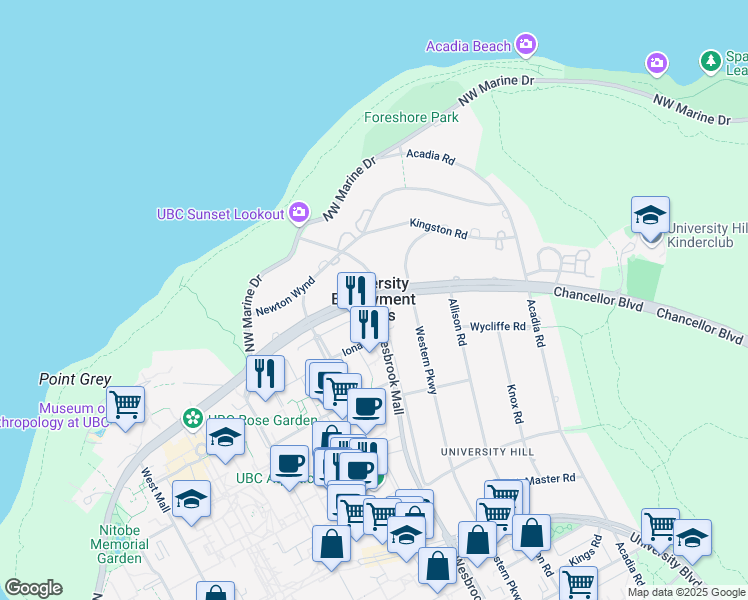 map of restaurants, bars, coffee shops, grocery stores, and more near 5902 Chancellor Boulevard in Vancouver