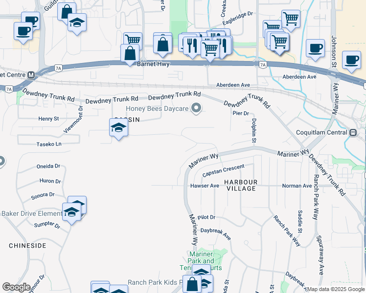 map of restaurants, bars, coffee shops, grocery stores, and more near 3173 Leeward Court in Coquitlam