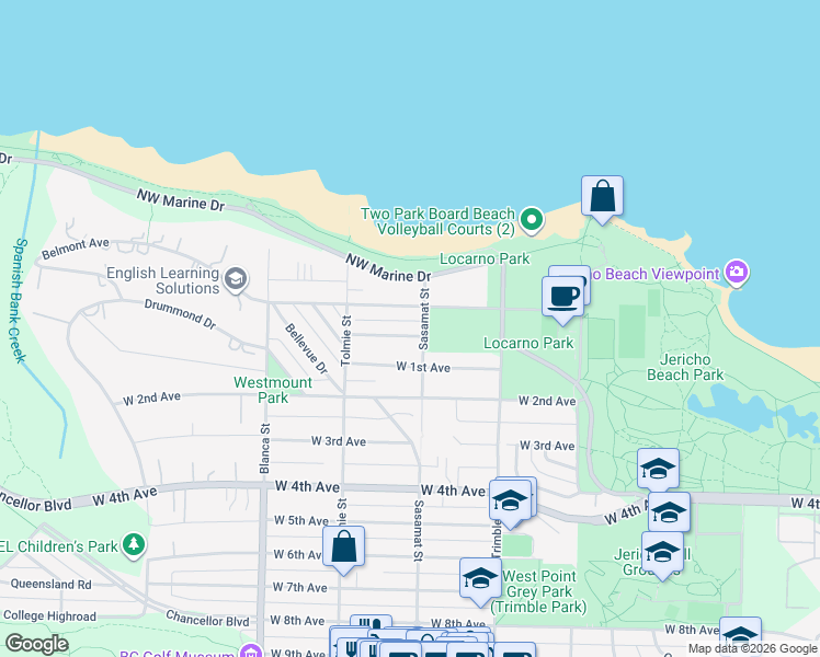 map of restaurants, bars, coffee shops, grocery stores, and more near 4515 Langara Avenue in Vancouver