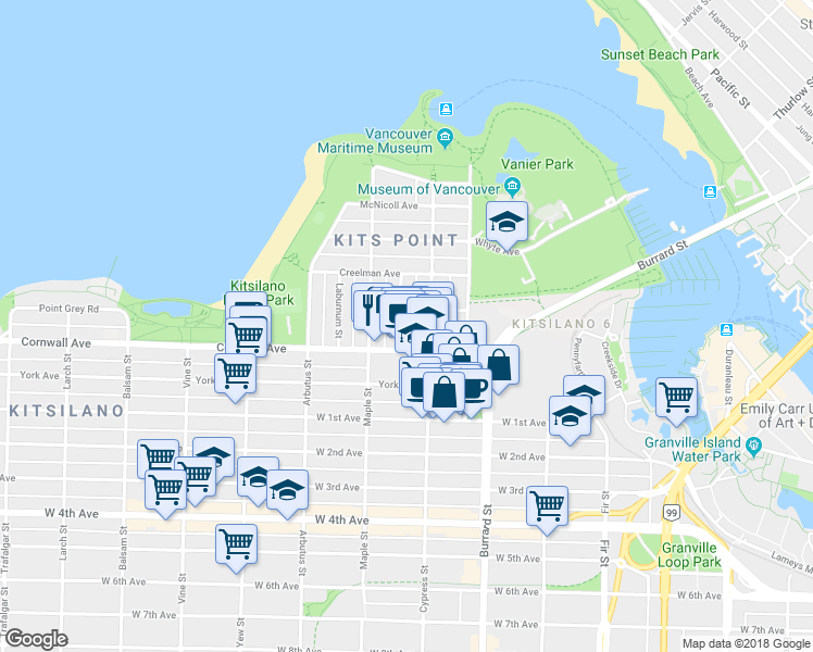 map of restaurants, bars, coffee shops, grocery stores, and more near 1424 Walnut Street in Vancouver