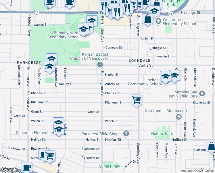 map of restaurants, bars, coffee shops, grocery stores, and more near 6520 Aubrey Street in Burnaby