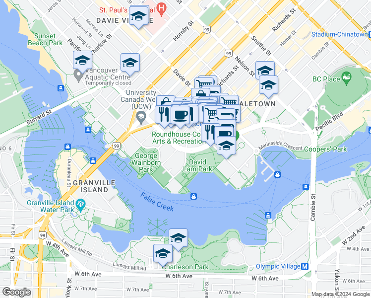 map of restaurants, bars, coffee shops, grocery stores, and more near 1405 Homer Street in Vancouver