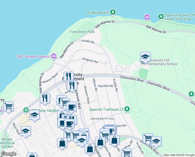 map of restaurants, bars, coffee shops, grocery stores, and more near 5662 Chancellor Boulevard in Vancouver