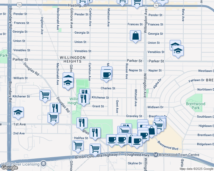 map of restaurants, bars, coffee shops, grocery stores, and more near 1209 Madison Avenue in Burnaby