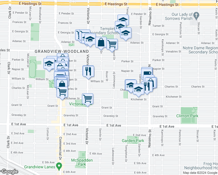 map of restaurants, bars, coffee shops, grocery stores, and more near 2053 Charles Street in Vancouver