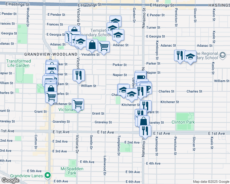 map of restaurants, bars, coffee shops, grocery stores, and more near 2169 Charles Street in Vancouver