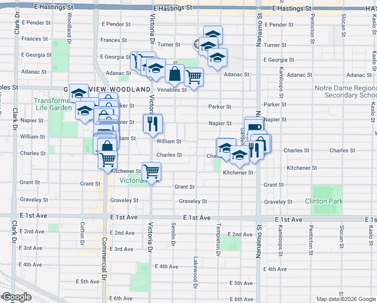 map of restaurants, bars, coffee shops, grocery stores, and more near 2053 Charles Street in Vancouver