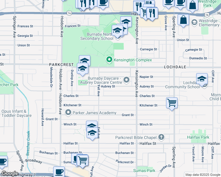 map of restaurants, bars, coffee shops, grocery stores, and more near 6198 Aubrey Street in Burnaby
