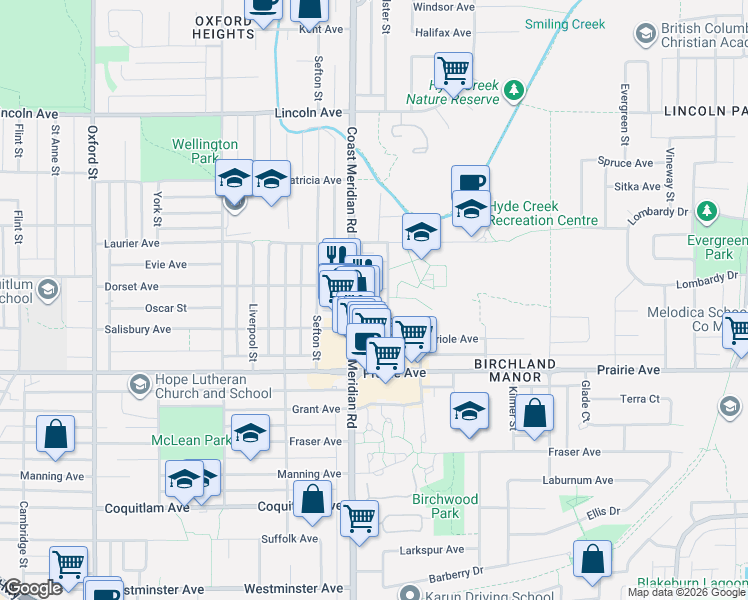 map of restaurants, bars, coffee shops, grocery stores, and more near 3384 Coast Meridian Road in Port Coquitlam