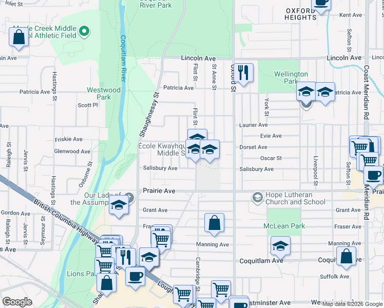 map of restaurants, bars, coffee shops, grocery stores, and more near 3355 Flint Street in Port Coquitlam
