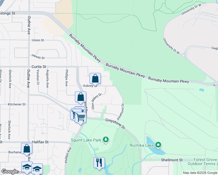 map of restaurants, bars, coffee shops, grocery stores, and more near 7638 Aubrey Street in Burnaby