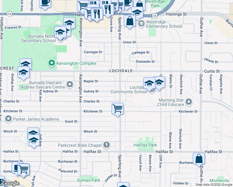map of restaurants, bars, coffee shops, grocery stores, and more near 6696 Aubrey Street in Burnaby