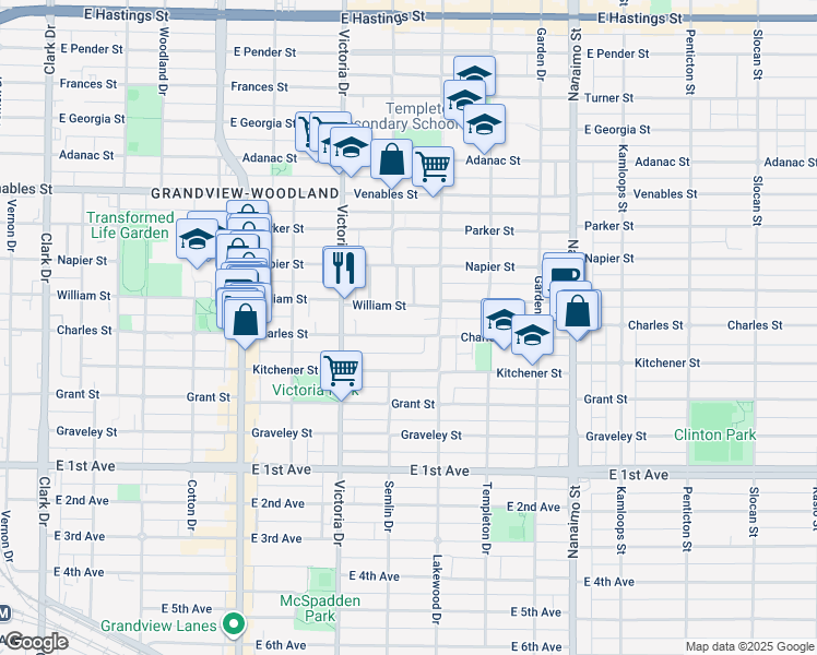 map of restaurants, bars, coffee shops, grocery stores, and more near 2025 Charles Street in Vancouver