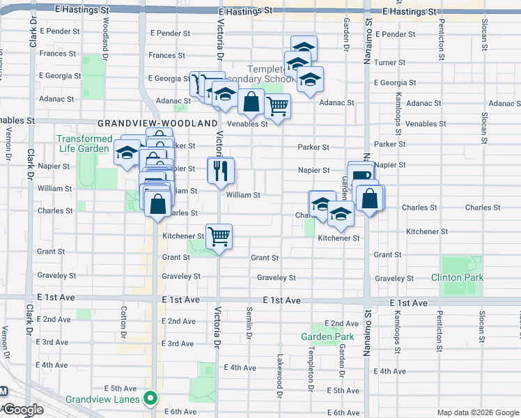map of restaurants, bars, coffee shops, grocery stores, and more near 2023 Charles Street in Vancouver