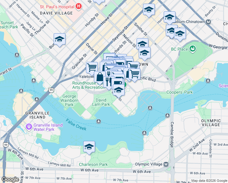 map of restaurants, bars, coffee shops, grocery stores, and more near 199 Drake Street in Vancouver