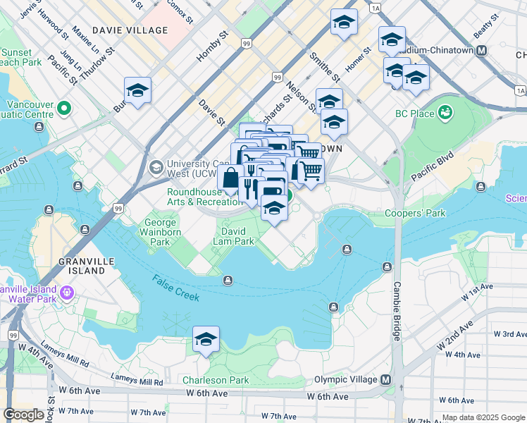 map of restaurants, bars, coffee shops, grocery stores, and more near 199 Drake Street in Vancouver