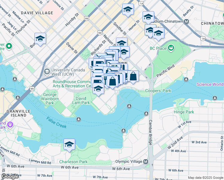 map of restaurants, bars, coffee shops, grocery stores, and more near 116 Davie Street in Vancouver