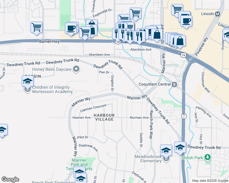 map of restaurants, bars, coffee shops, grocery stores, and more near 1051 Dolphin Street in Coquitlam