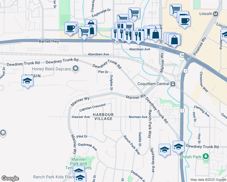 map of restaurants, bars, coffee shops, grocery stores, and more near 1051 Dolphin Street in Coquitlam