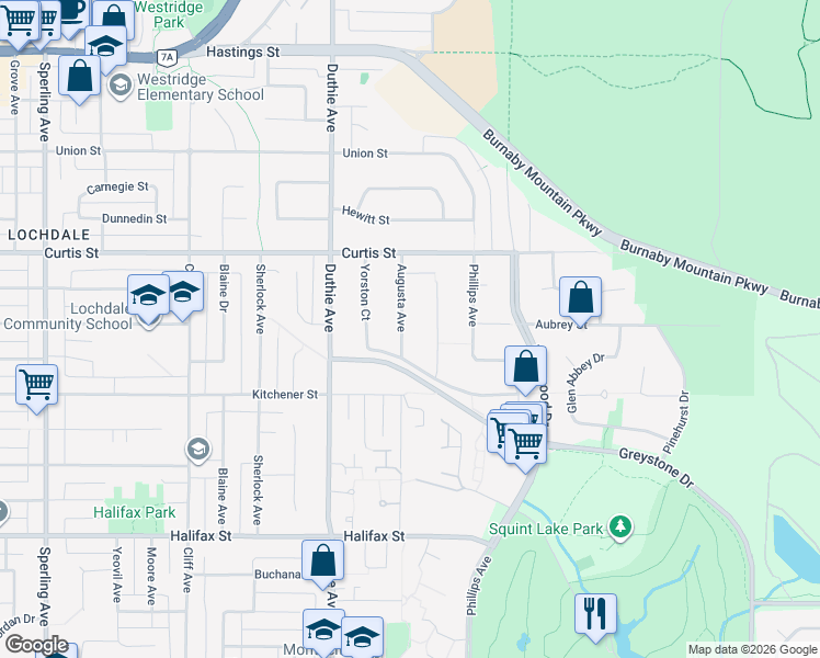 map of restaurants, bars, coffee shops, grocery stores, and more near 1190 Augusta Avenue in Burnaby