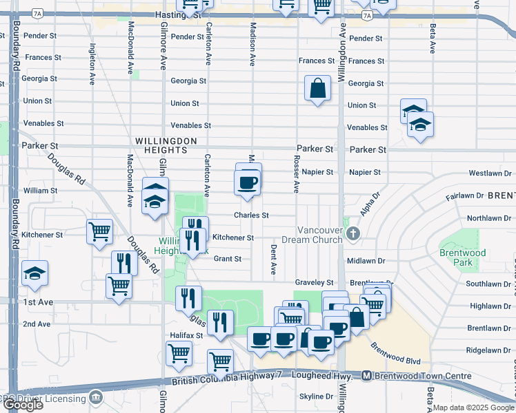 map of restaurants, bars, coffee shops, grocery stores, and more near 1280 Madison Avenue in Burnaby