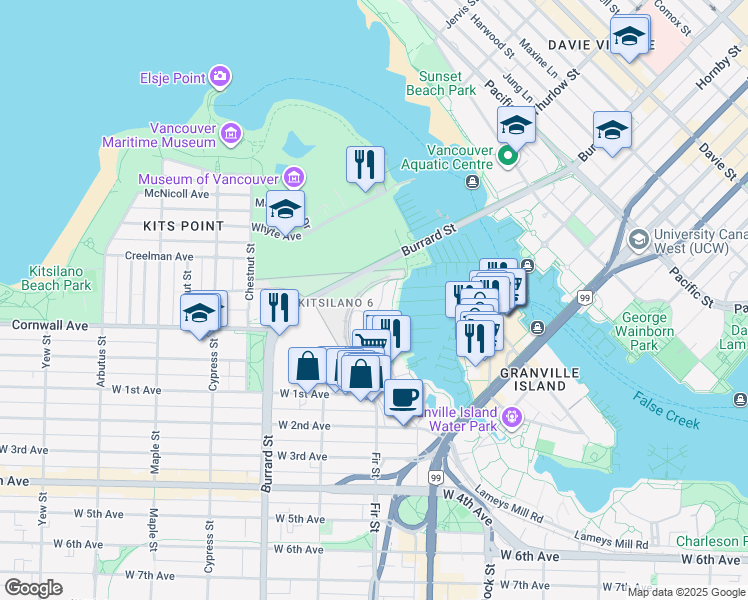 map of restaurants, bars, coffee shops, grocery stores, and more near in Vancouver