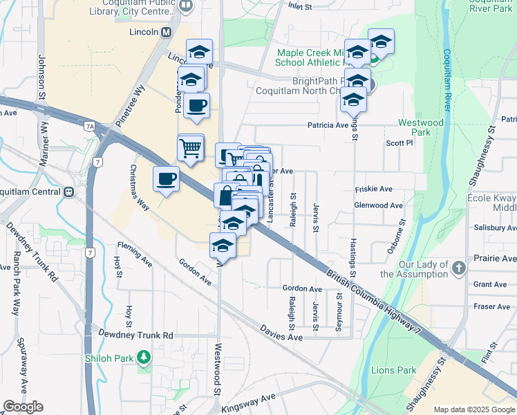 map of restaurants, bars, coffee shops, grocery stores, and more near 2755 Lougheed Highway in Port Coquitlam