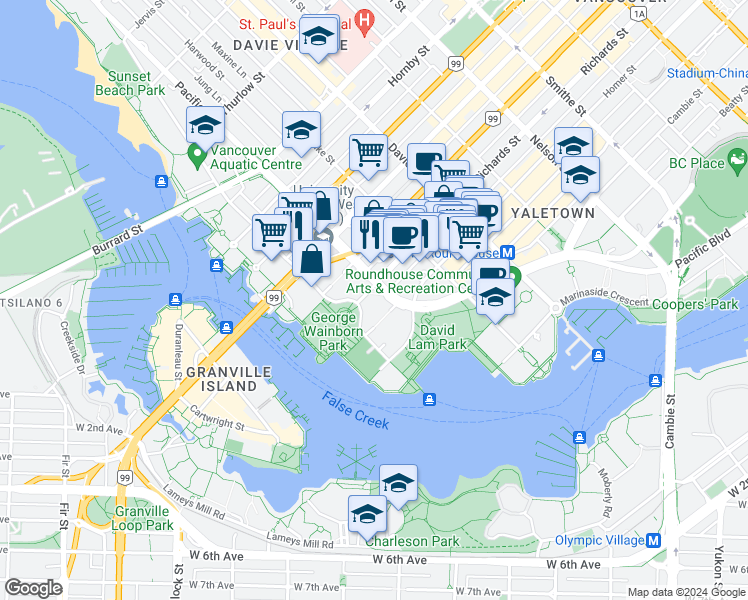 map of restaurants, bars, coffee shops, grocery stores, and more near 1438 Richards Street in Vancouver