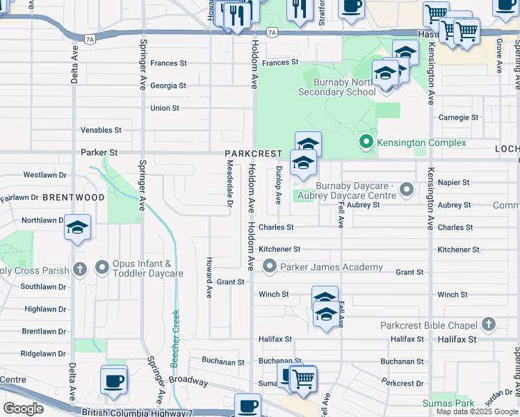 map of restaurants, bars, coffee shops, grocery stores, and more near 1250 Holdom Avenue in Burnaby