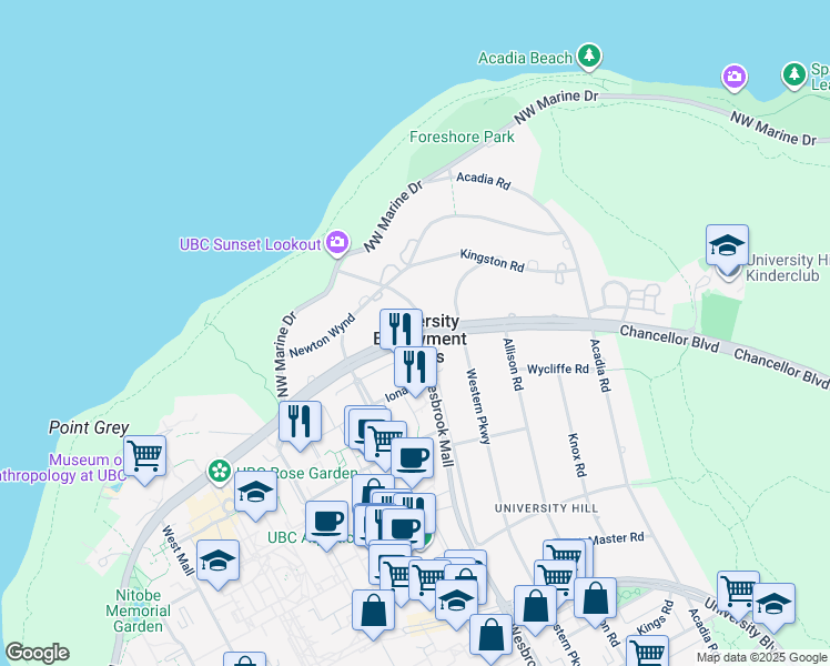 map of restaurants, bars, coffee shops, grocery stores, and more near 1863 Wesbrook Crescent in Vancouver