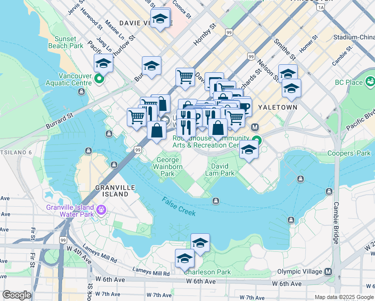 map of restaurants, bars, coffee shops, grocery stores, and more near 2208 Richards Street in Vancouver