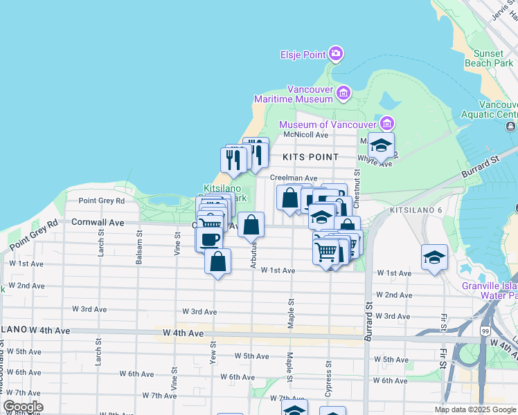map of restaurants, bars, coffee shops, grocery stores, and more near 1420 Arbutus Street in Vancouver