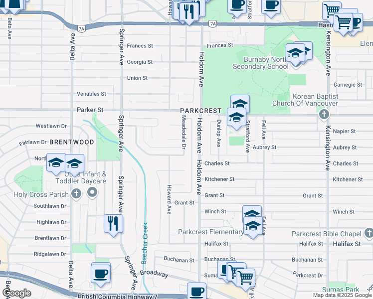 map of restaurants, bars, coffee shops, grocery stores, and more near 5486 Meadedale Drive in Burnaby